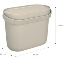 Beige Kunststoffbox mit Deckel und Griff, Breite 31 Zentimeter, Höhe 25 Zentimeter, Tiefe 16 Zentimeter.