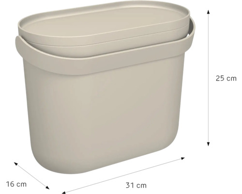 Beige Kunststoffbox mit Deckel und Griff, Breite 31 Zentimeter, Höhe 25 Zentimeter, Tiefe 16 Zentimeter.