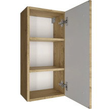 Hängeschrank mit zwei Einlegeböden, Eiche-Dekor, weiße Rückwand, geöffnete Tür.