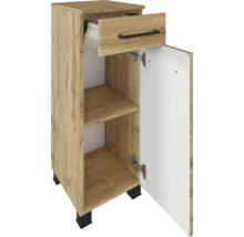 Badunterschrank in Holzoptik mit einer Schublade, einer Tür, schwarzen Griffen und Füßen.