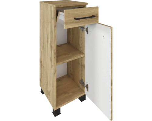 Badunterschrank in Holzoptik mit einer Schublade, einer Tür, schwarzen Griffen und Füßen.