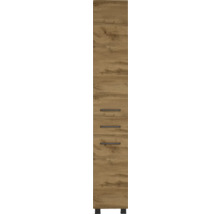Hoher, schmaler Badschrank in Eiche-Optik mit einer Tür, drei Schubladen und schwarzen Griffen.