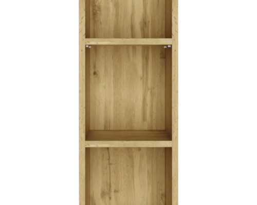 Holzregal mit drei Fächern in Eichenoptik mit sichtbarer Holzmaserung.