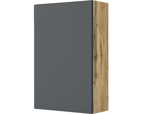 Hängeschrank mit matter Front in Anthrazit und Korpus in Eiche-Optik.