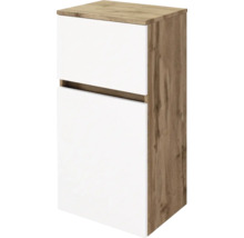 Badezimmerschrank mit zwei weißen Fronten und Korpus in Eichenoptik, griffloses Design mit Griffmulde.