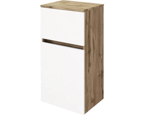 Badezimmerschrank mit zwei weißen Fronten und Korpus in Eichenoptik, griffloses Design mit Griffmulde.