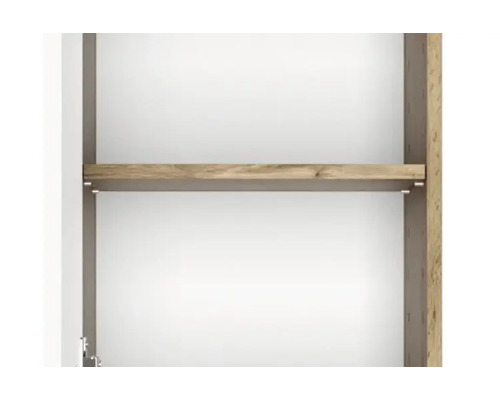 Innenansicht eines Schranks mit einem Einlegeboden in Holzoptik und Fachbodenträgern.