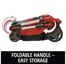 Zusammengeklappter Rasenmäher mit einklappbarem Griff für einfache Lagerung