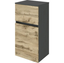 Badezimmerschrank mit einer Schublade und einer Tür, Korpus in Anthrazit, Fronten in Eichenoptik, griffloses Design.