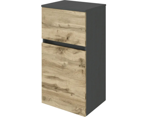 Badezimmerschrank mit einer Schublade und einer Tür, Korpus in Anthrazit, Fronten in Eichenoptik, griffloses Design.