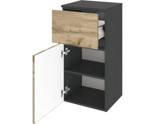 Badezimmer-Unterschrank mit offener Schublade und Tür, Korpus in Anthrazit, Front in Eichenoptik, ein Einlegeboden.