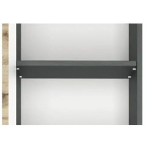 Nahaufnahme eines anthrazitfarbenen Fachbodens in einem Schrank mit weißen Innenseiten und metallenen Bodenträgern.
