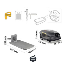 Rasenmähroboter mit Ladestation, Heringen, Ersatzklingen, Stromkabel und Bedienwerkzeug mit Maßangaben