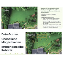 Vorher-Nachher-Ansicht eines Gartens mit STIGA.GO-App-Funktionen zur Anpassung von Mähbereichen