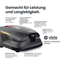 Detailansicht eines Stiga Rasenmähroboters, der für Leistung und lange Lebensdauer gefertigt ist.