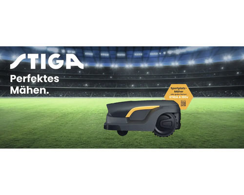 STIGA Logo. Automower im Stadion auf Rasen für Sportplätze oder große Flächen.