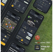 Mehrere Smartphones zeigen die STIGA GO App für Rasenmähroboter, inklusive Red Dot Gewinner 2025 Logo.