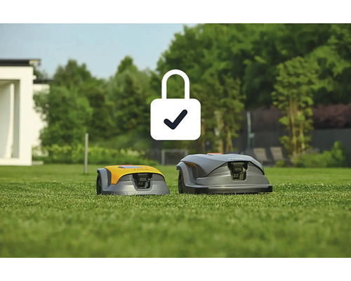 Zwei Rasenmähroboter auf einer Rasenfläche mit einem Schlosssymbol