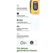 Produktmerkmale eines Rasenmähers von Stiga: einfache Installation, präziser Schnitt, KI-gestützte Kamera, 10 Jahre mobile Daten inklusive und starke Datensicherheit