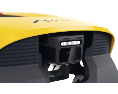 Detailansicht eines gelben Stiga Mähroboters mit integrierter Kamera