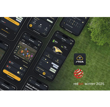 Mehrere Smartphones zeigen die App zur Steuerung eines Mähroboters, inklusive Stiga Logo und Red Dot Winner 2025 Auszeichnung.