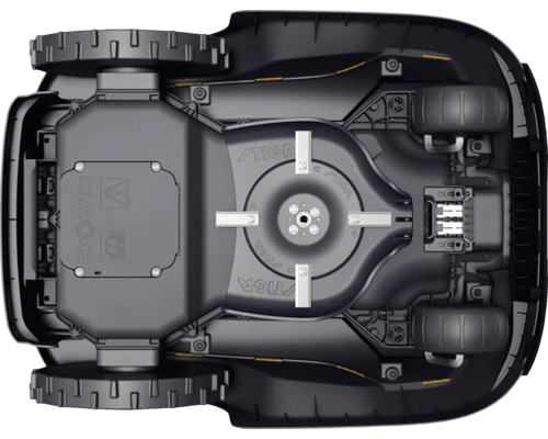 Unterseite eines Rasenmähroboters mit Messer und Rädern