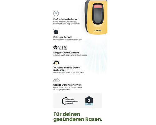 Informationen zu Installation, Schnitt, Kamera, Datensicherheit und Garantie des Produkts.