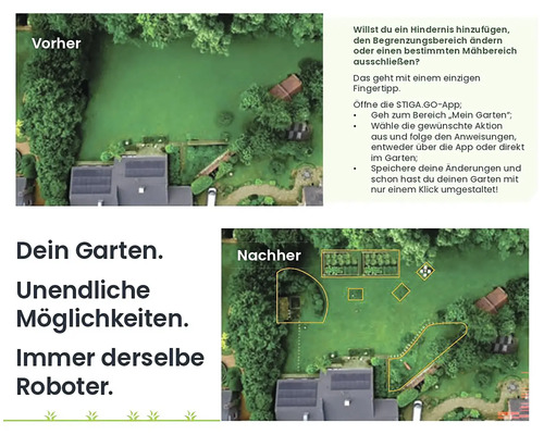 Vorher-Nachher-Ansicht eines Gartens mit Anpassungsoptionen für einen Mähroboter.