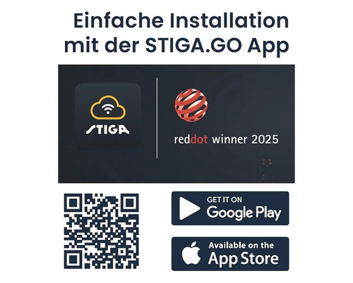 STIGA.GO App zur einfachen Installation mit QR Code, Google Play Logo und App Store Logo
