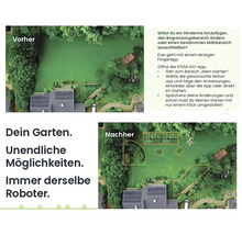 Vorher Nachher Ansicht eines Gartens mit Haus, Bäumen und Rasenflächen mit einem Mähroboter