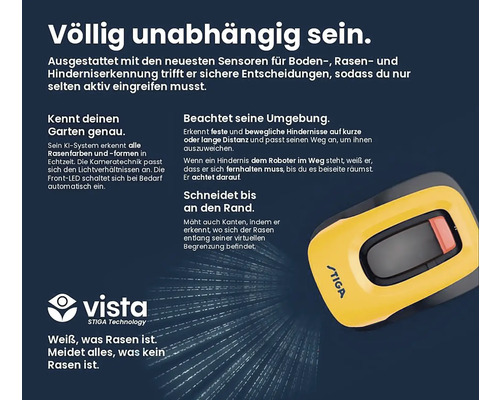 Gelber Stiga Mähroboter mit Textinformationen zu den Produkteigenschaften.