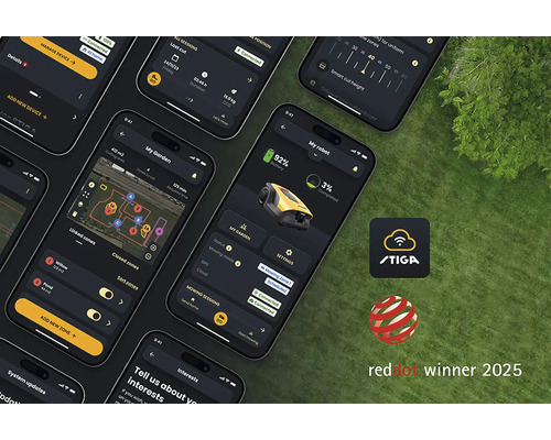 Mehrere Smartphones zeigen die App zur Steuerung eines Rasenmähroboters, zusammen mit dem Stiga Logo und dem Red Dot Winner 2025 Siegel.