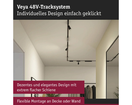 Veya 48V-Schienensystem mit montierten Strahlern an der Decke in einem Raum.