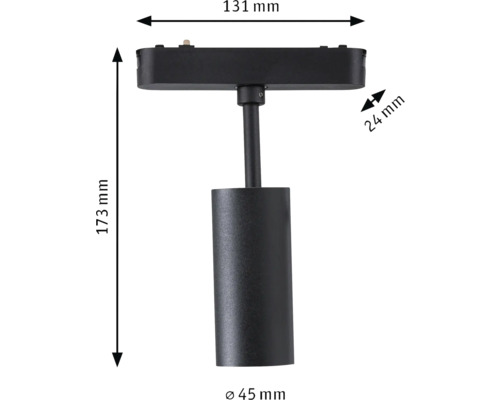 Abbildung der Maße eines schwarzen Schienenstrahlers