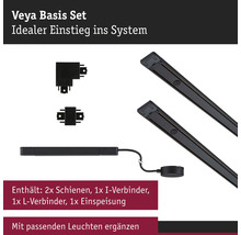 Veya Basisset mit zwei Schienen, einem I-Verbinder, einem L-Verbinder und einer Einspeisung für ein Schienensystem.