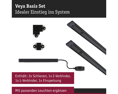 Veya Basisset mit zwei Schienen, einem I-Verbinder, einem L-Verbinder und einer Einspeisung für ein Schienensystem.