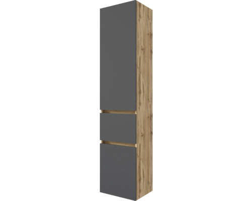Hochschrank mit grauen Fronten und Korpus in Holzoptik für das Badezimmer.