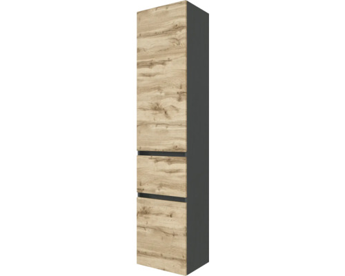 Hochschrank für das Badezimmer mit Front in Eichenoptik und Korpus in Anthrazit.