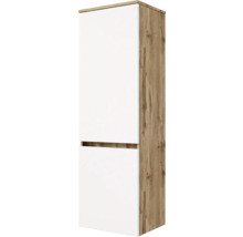 Badezimmer-Hochschrank mit zwei Türen, Korpus in Eichenoptik und weißen Fronten, griffloses Design.