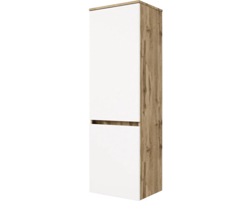 Badezimmer-Hochschrank mit zwei Türen, Korpus in Eichenoptik und weißen Fronten, griffloses Design.