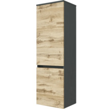 Bad-Hochschrank mit zwei Türen, Korpus in Anthrazit und Fronten in Eichenoptik, griffloses Design.