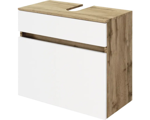 Waschbeckenunterschrank mit Korpus in Eichen-Optik und weißen Fronten. Inklusive Siphonausschnitt und grifflosem Design.