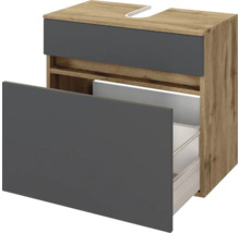 Hängender Waschbeckenunterschrank mit Holzkorpus und zwei dunkelgrauen Schubladen, oberes Fach mit Siphonausschnitt.