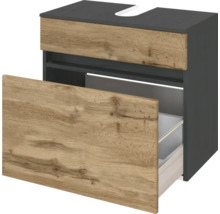 Waschbeckenunterschrank mit einer Lade, Korpus in Anthrazit und Front in Eichenoptik, Siphonausschnitt.