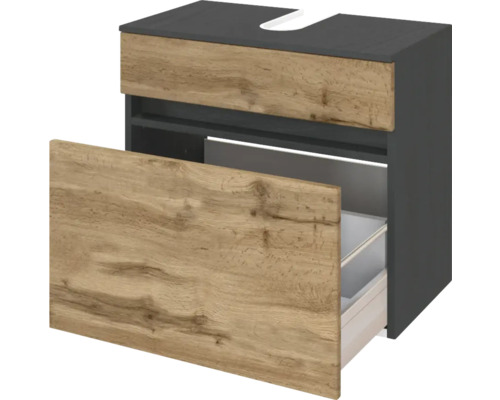 Waschbeckenunterschrank mit einer Lade, Korpus in Anthrazit und Front in Eichenoptik, Siphonausschnitt.