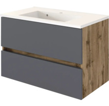 Waschtischunterschrank inklusive Waschbecken, zwei graue Laden, Korpus in Eichenoptik, weißes Waschbecken.
