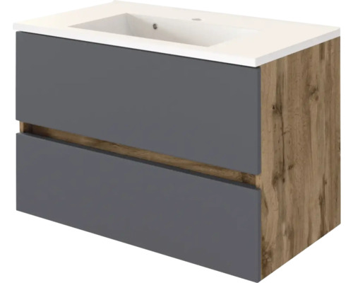 Waschtischunterschrank inklusive Waschbecken, zwei graue Laden, Korpus in Eichenoptik, weißes Waschbecken.