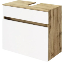 Waschtischunterschrank wandhängend mit weißer Front, Korpus in Holzoptik und Siphonausschnitt.