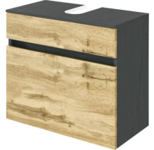 Waschbeckenunterschrank mit zwei Schubladen, Fronten in Holzoptik Eiche, Korpus in Anthrazit, Ausschnitt für Siphon.