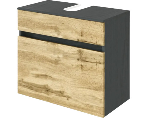 Waschbeckenunterschrank mit zwei Schubladen, Fronten in Holzoptik Eiche, Korpus in Anthrazit, Ausschnitt für Siphon.